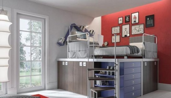 <em>儿童房</em>不足5，把床抬高1米重叠利用空间，床上书房床下衣帽间