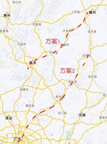 赣州至广州高铁规划走向有两个方案，一条利用京广，一条利用赣...