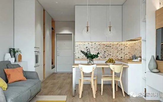 现代风格<em>公寓装修</em>，客餐厅厨房一体，卫生间装浴缸，空间小很...