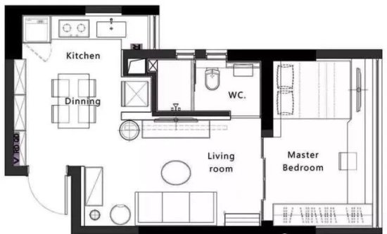 46㎡的现代风<em>小户型公寓</em>，餐厨结合、卧室也是书房