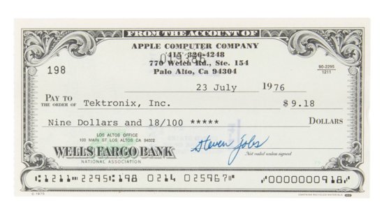 <em>乔布斯</em>签名的古董苹果支票将有望拍出2.5万美元