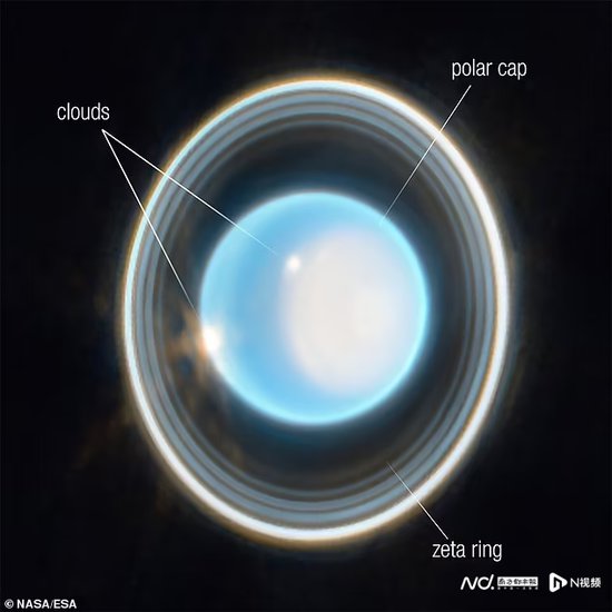 韦伯首次拍到天王星周围不可见的发光光环及其27颗卫星