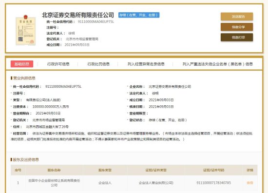 <em>北京证券交易所</em>有限责任公司注册成立