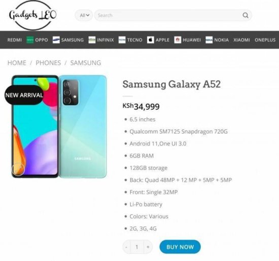 三星Galaxy A52提前现身肯尼亚<em>购物网站</em> 价格同步曝光