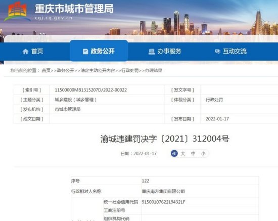 177万元！<em>重庆</em>南方集团因违法建设收“巨额”罚单