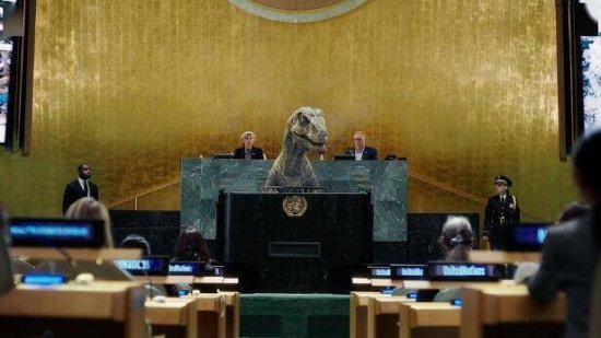 <em>恐龙</em>在联合国“发言”呼吁人类不要自我灭绝
