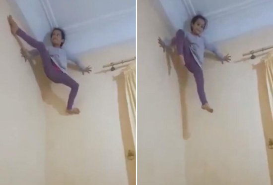 国外一五岁女孩<em>用</em>手脚蹬墙壁爬到<em>房顶</em> 被称蜘蛛女孩