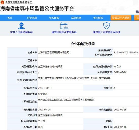 上海容基<em>工程项目</em>管理有限公司违规遭罚 扣6分