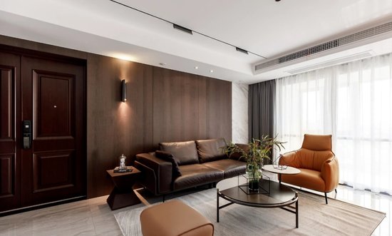 140平现代风三居室极简客厅很有设计感，一抹橘色让空间充满...