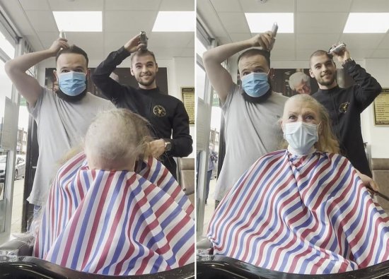 英国一患癌症女士去剃头 得知原因后两理发师也<em>剃光头</em>表示鼓励
