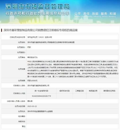 深圳市富彩<em>塑胶制品有限公司</em>销售侵犯注册商标专用权的商品案
