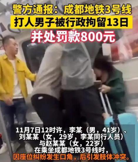 成都地铁3号线<em>打人男子被拘</em>，警方：行政拘留13日，罚款800元