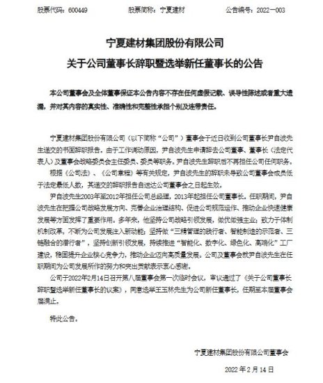 宁夏建材董事长尹自波辞职 选举王玉林为新任董事长