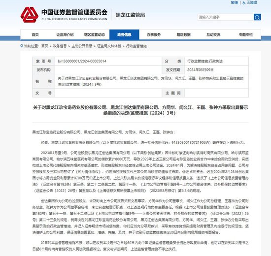 黑龙江珍宝岛药业及控股股东等被出具警示函