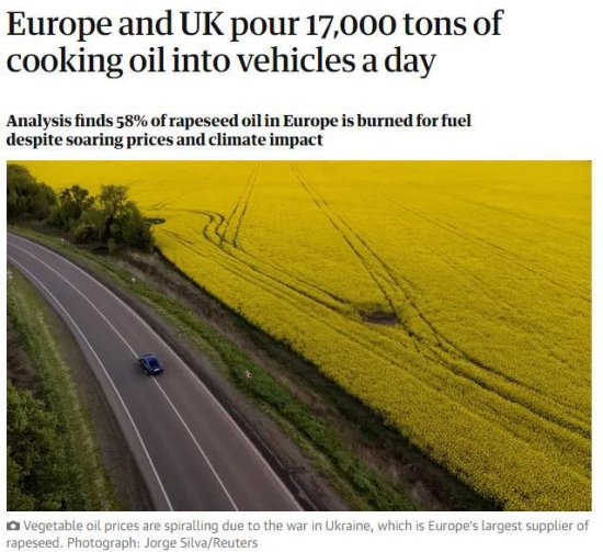 英媒：全球面临粮食短缺，而欧洲汽车每天烧掉1.7万吨<em>食用油</em>