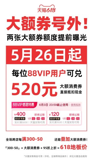 天猫618开启26日晚8点预售 88VIP大额消费券9点发放