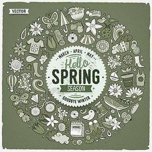 由各色矢量手工绘制的一套春季卡通涂鸦对象花园圆圈季节<em>配件</em>...