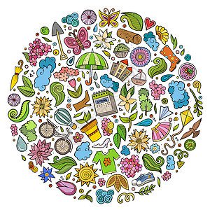 由各色矢量手工绘制的一套春季卡通涂鸦对象花园圆圈季节<em>配件</em>...