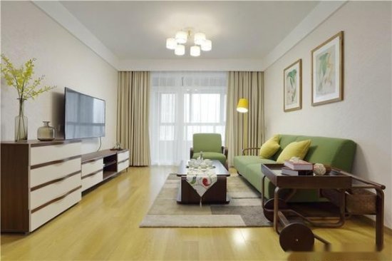 110平现代风三居室客厅的绿色的沙发，让人一种轻松愉悦的感觉