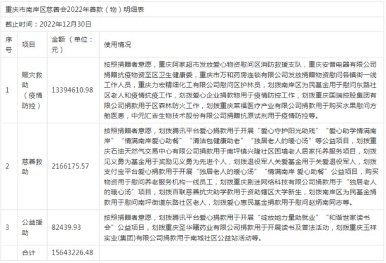 重庆市南岸区慈善会2022年善款（物）<em>明细表</em>