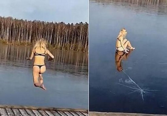 俄罗斯<em>女子穿内衣</em>冬泳，打算破冰而入，结局却有点惨！