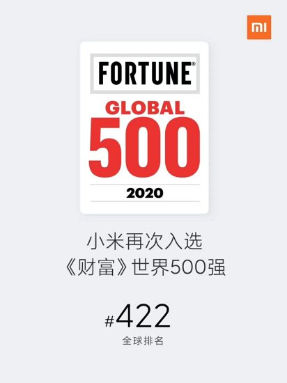 小米再次入选《财富》世界500强，<em>排名提升</em>至422位