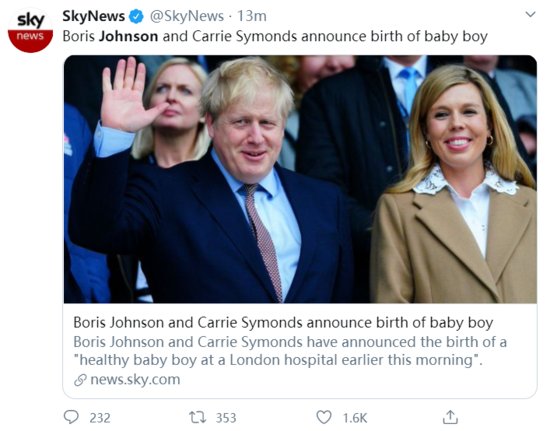 喜讯！英国首相约翰逊未婚妻诞<em>下一男婴</em>，“母子平安”