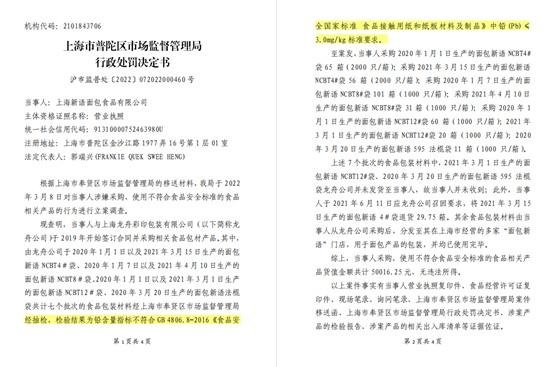 上海<em>新语面包</em>食品因采购、使用不符合食品安全标准的食品被罚25...