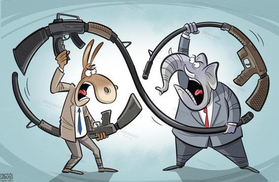 中国日报漫画：美国两党<em>围绕</em>枪支暴力问题的激斗和不作为，导致...